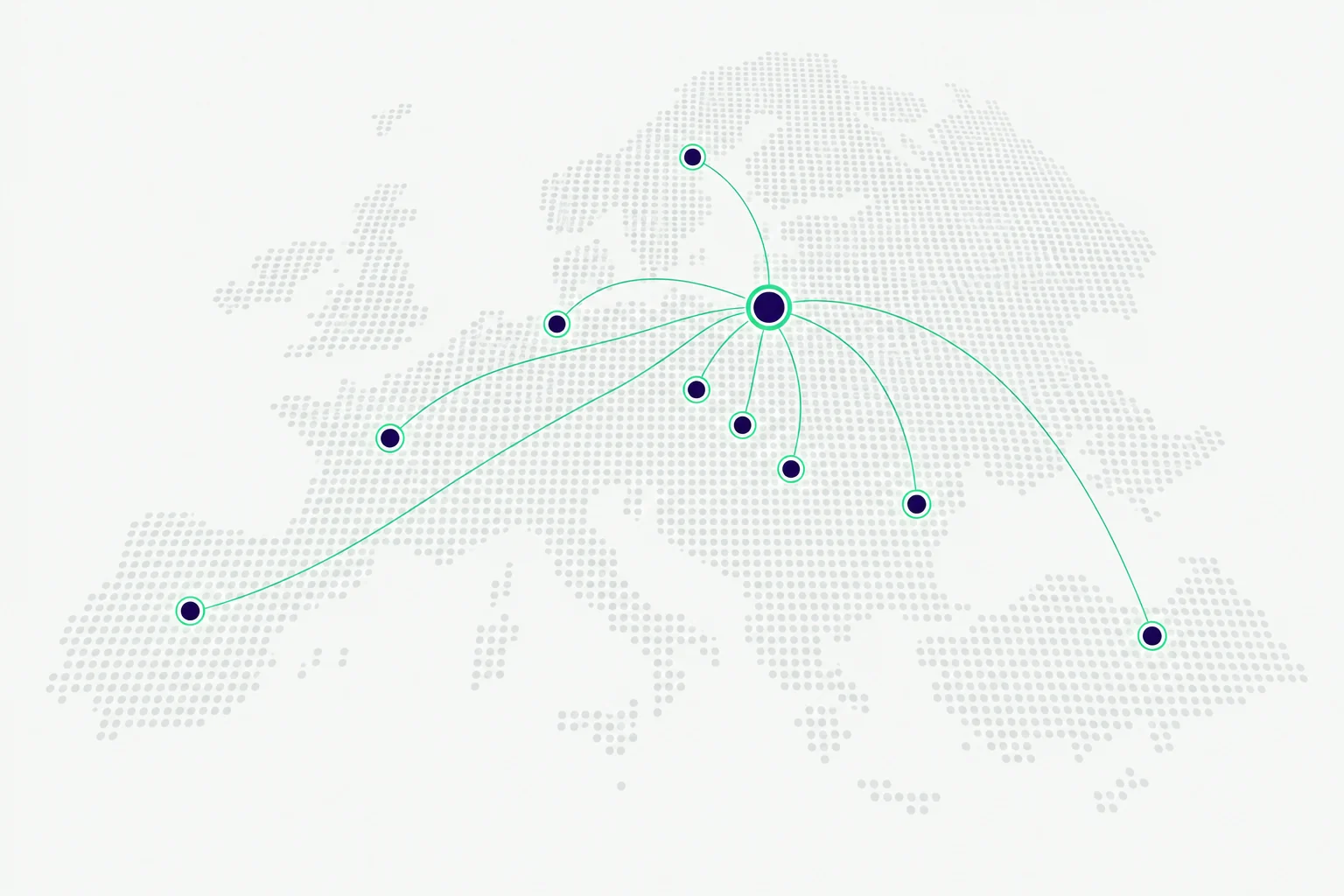 Mapa Europy: kraje, w których działa Mientha, połączone z hubem w Polsce